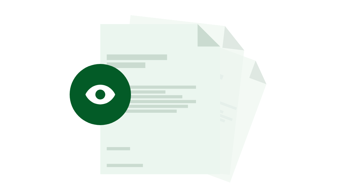 Transparency illustration: an eye in front of a stack of documents