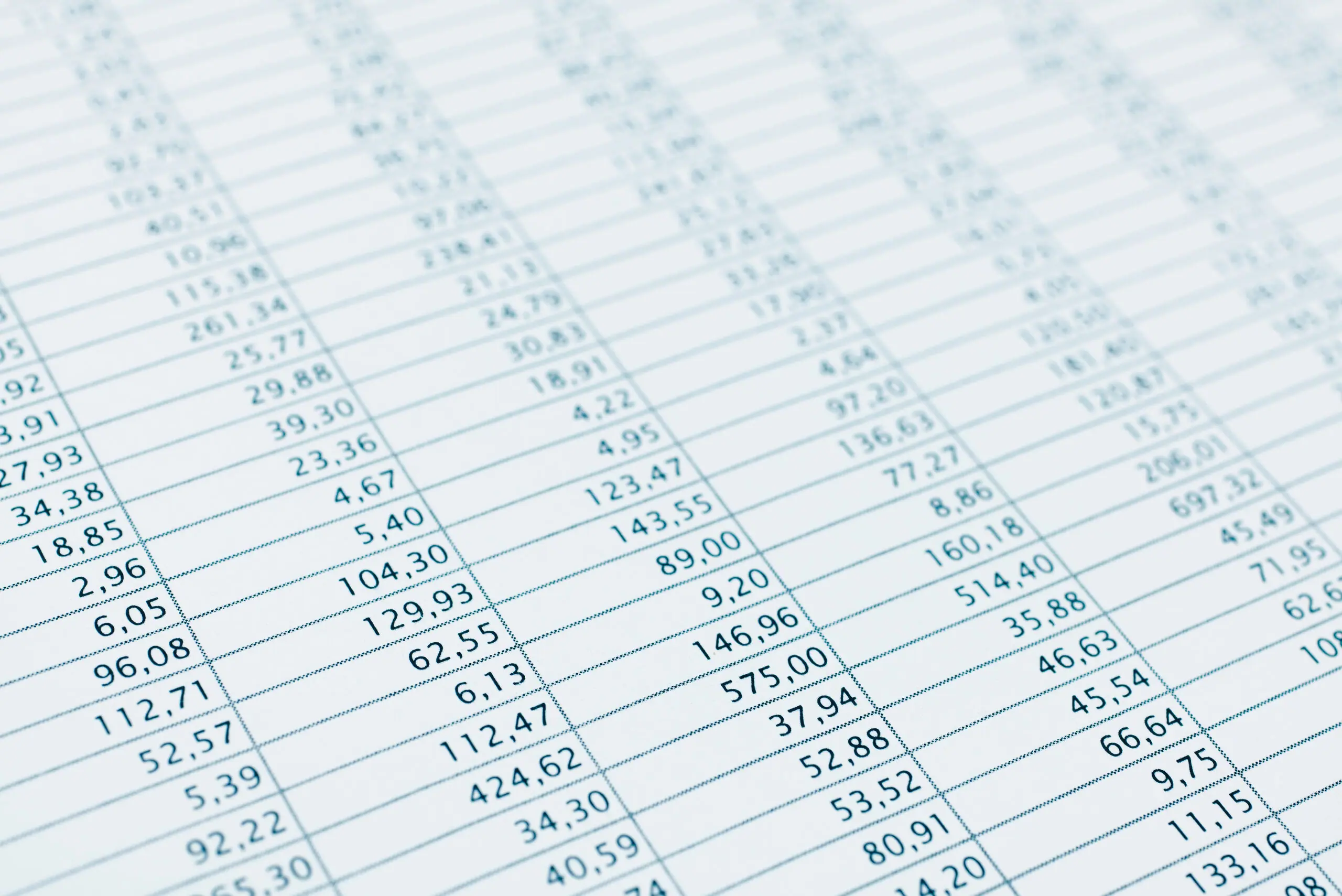 Close-up of a printed spreadsheet full of financial figures